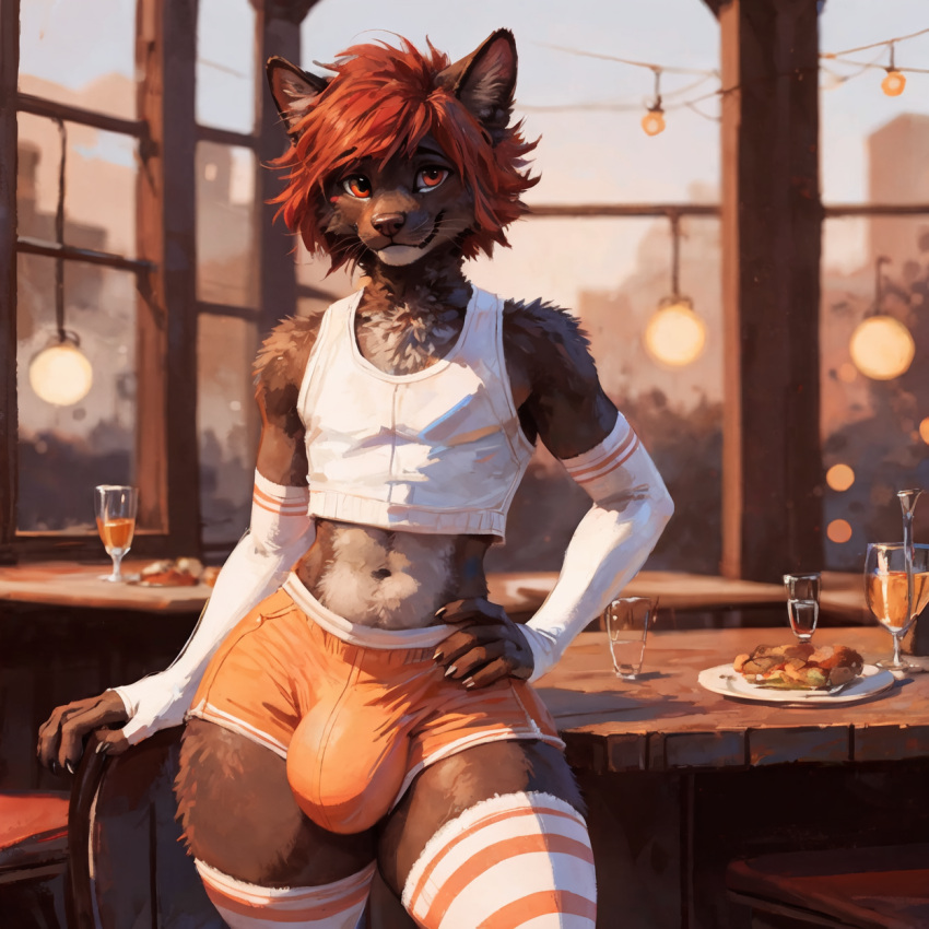 4_fingers 4_toes ai_generated anthro big_bulge detailed_background detailed_eye feline femboy fluffy hair_over_one_eye large_ass looking_at_viewer male nervous one_hand_on_hip orange_hotpants orange_thighhighs pinup red_eyes red_hair restaurant seductive stable_diffusion standing tail thick_thighs three-quarter_portrait white_armwear white_tank_top