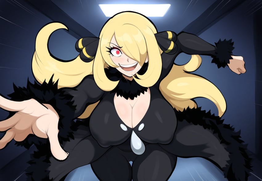 1girls 2024 2d 2d_(artwork) ai_generated alternate_breast_size black_coat black_pants blonde_hair breasts chasing cleavage clenched_hand coat covered_nipples crazy crazy_eyes crazy_girl cynthia_(pokemon) emphasis_lines eyelashes female female_focus fur-trimmed_coat fur-trimmed_sleeves fur_collar fur_trim hair hair_ornament hair_over_one_eye hallway indoors large_breasts long_hair long_sleeves looking_at_viewer mature_female mullon novelai open_mouth outstretched_arm pants pokemon pokemon_dppt pov red_eyes running smile solo sweat teeth tongue upper_teeth_only very_long_hair