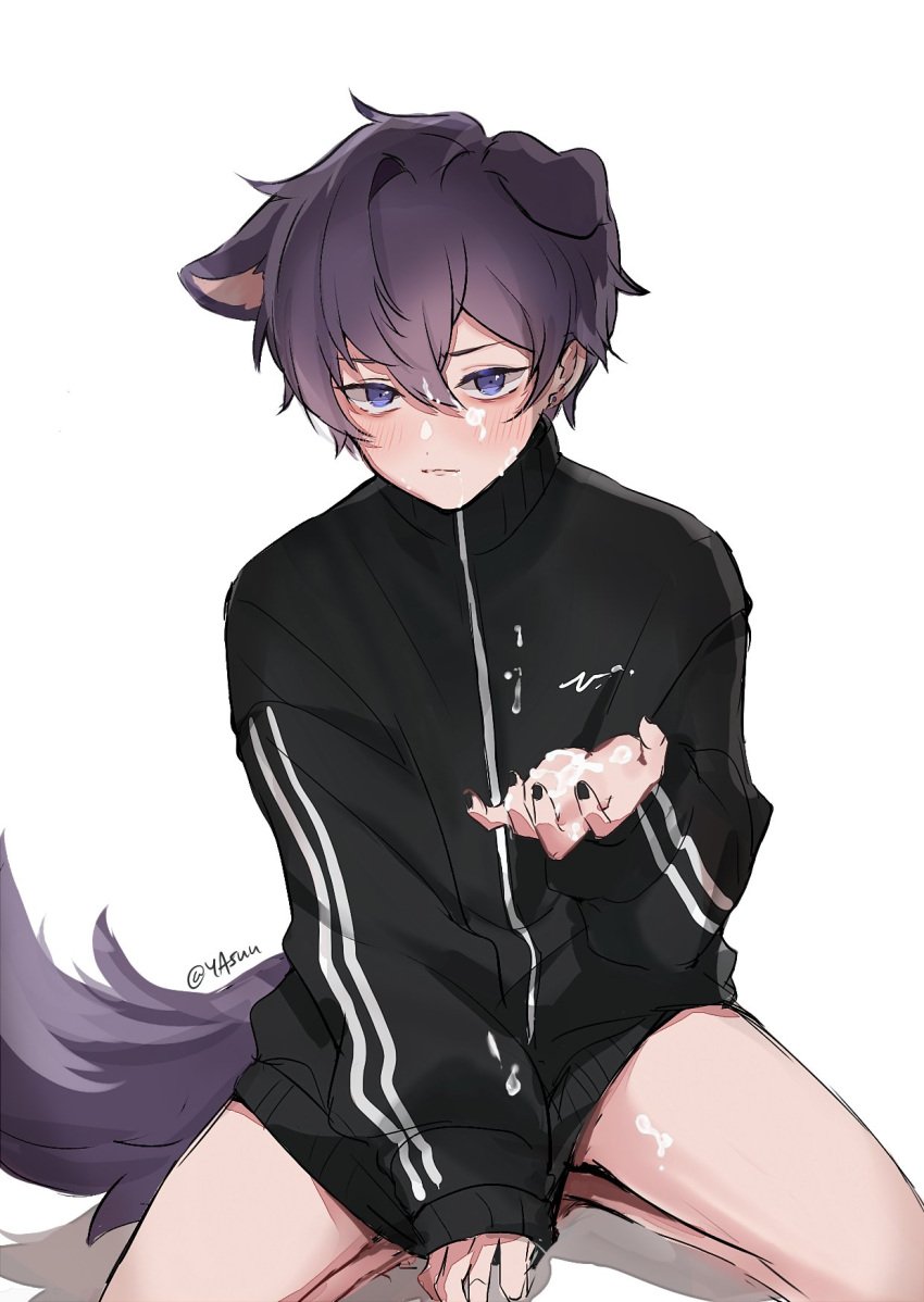 black_sweater cum_on_body cum_on_face dog_ears dog_tail indie_virtual_youtuber male_focus male_only male_with_painted_nails no_pants purple_hair shoto shoto_(vtuber) shxtou virtual_youtuber