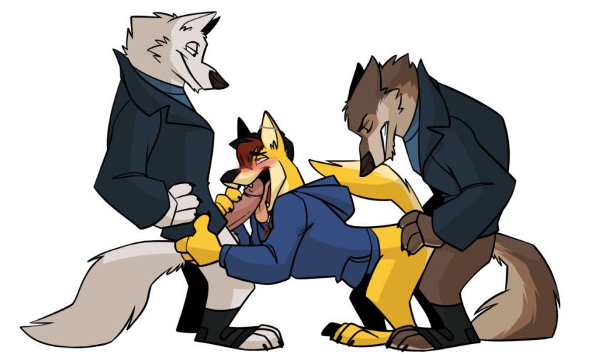 3boys anal anal_sex black_wolf_(zootopia) blush canine closed_eyes clothed_sex clothing disney ear_piercing erection gay group group_sex harry_(zootopia) male male_only mammal oral penetration penis piercing sex threesome wolf yaoi zootopia