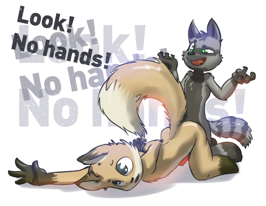 anthro ass_up canine duo fox lying male mammal nude on_floor on_front penis raccoon ratcha_(artist) sketch smile text yaoi