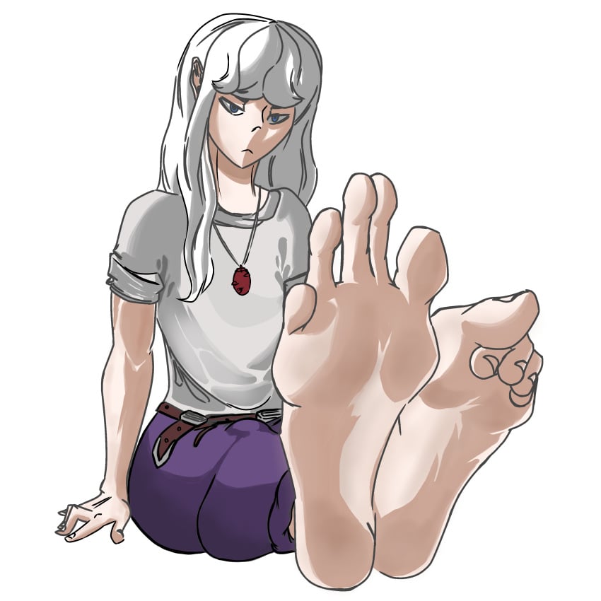 1boy adult androgynous belt berserk clothed curled_toes feet femboy feminine_male foot_fetish foot_focus greek_toe griffith hi_res high_resolution highres human long_hair long_toes male male_focus male_only necklace peacematoru pretty_boy serious serious_look simple_background single_male sitting soles solo spread_toes thighs toes