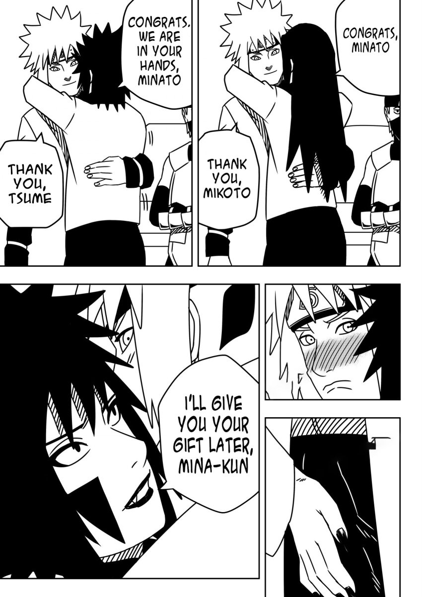 comic commentary dialogue english_text hatake_kakashi inuzuka_tsume monochrome namikaze_minato naruto naruto_(series) naruto_shippuden ninrubio speech_bubble story uchiha_mikoto