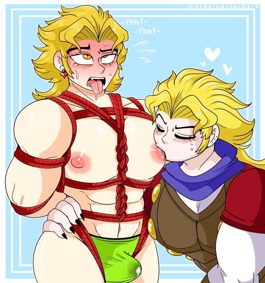 2boys alduinafterdark blonde_hair blush bondage cum_on_clothes dio_brando erection_under_clothes gay jojo's_bizarre_adventure male male/male male_nipples male_only phantom_blood selfcest stardust_crusaders sucking_male_nipple sucking_nipple tongue tongue_out yaoi