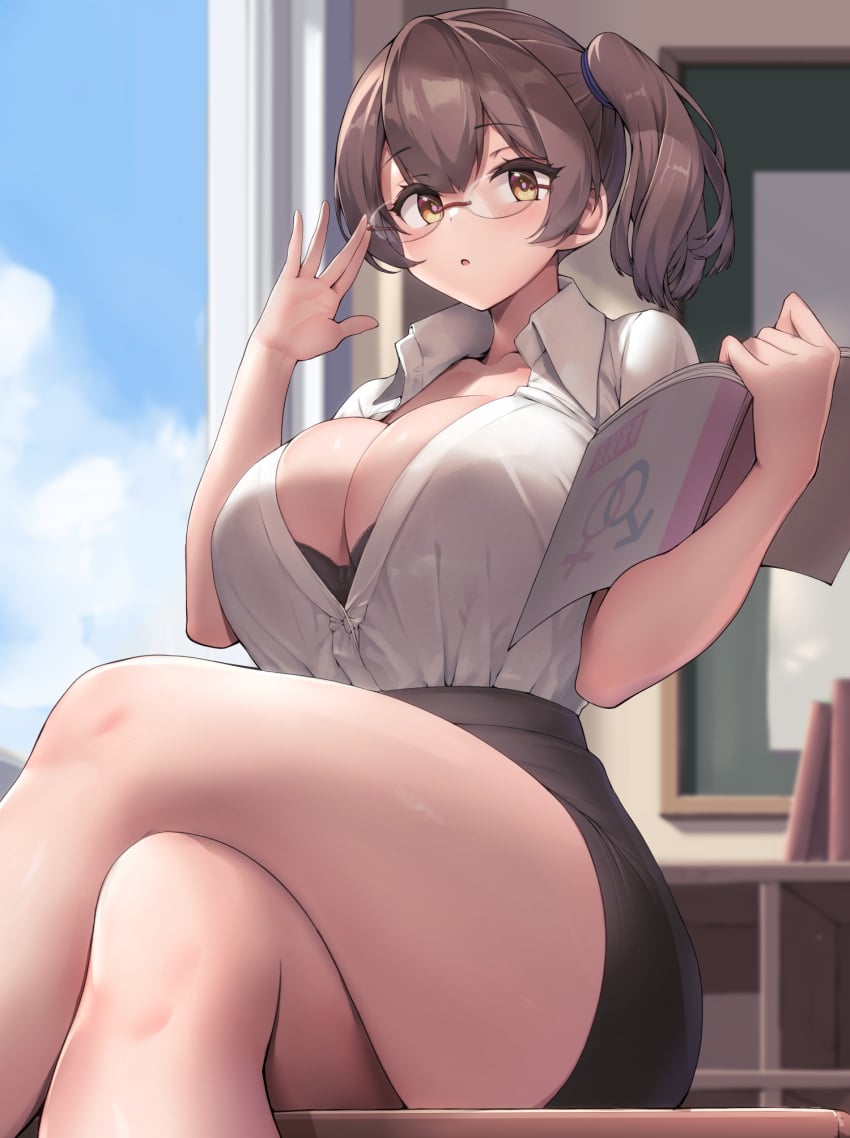 1girls big_breasts black_bra blush book bra bra_peek breasts brown_eyes brown_hair chalkboard classroom cleavage collarbone crossed_legs desk female female_only glasses highres holding holding_book indoors kaga_(kantai_collection) kantai_collection large_breasts looking_at_viewer on_desk pencil_skirt rimless_eyewear school_desk sex_education shirt short_hair side_ponytail siesta_(artist) sitting skirt solo solo_female teacher underwear white_shirt