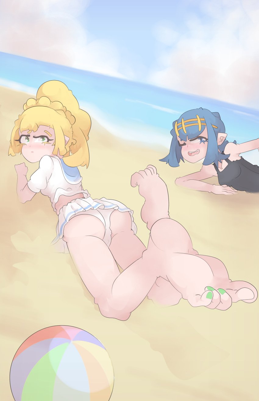 2girls ass ecchigrill feet female female_only foot_fetish foot_focus human lana_(pokemon) lillie_(pokemon) multiple_girls pantyshot paties pokemon soles stickerhentai toes underwear