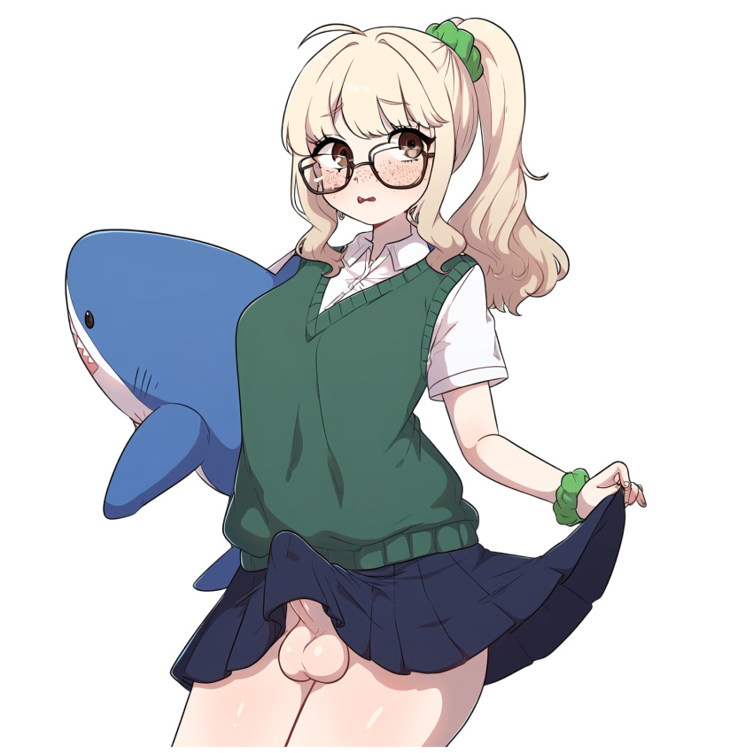 ai_generated blahaj blonde_hair boner boner_under_clothes freckles futanari glasses green_clothing ikea novelai penis shocked shocked_expression skirt suprised_look sweater_vest transparent_background