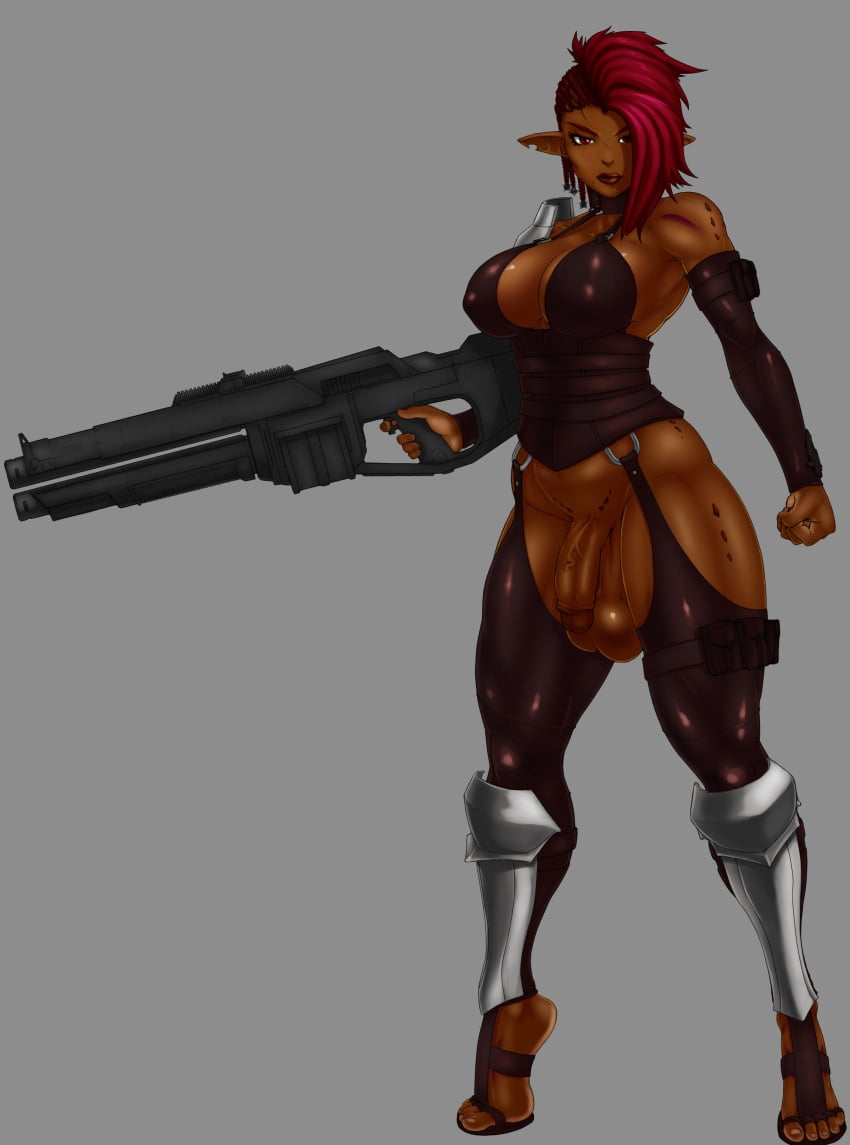 1futa absurd_res alien armor balls big_balls braided_hair breasts brown_eyes choker dark_skin digitigrade dzaan fenoxo flaccid footwear futanari gun hair hi_res humanoid humanoid_penis intersex long_ears looking_at_viewer penis red_hair sandals scar solo solo_futa trials_in_tainted_space uthstar01 vein weapon