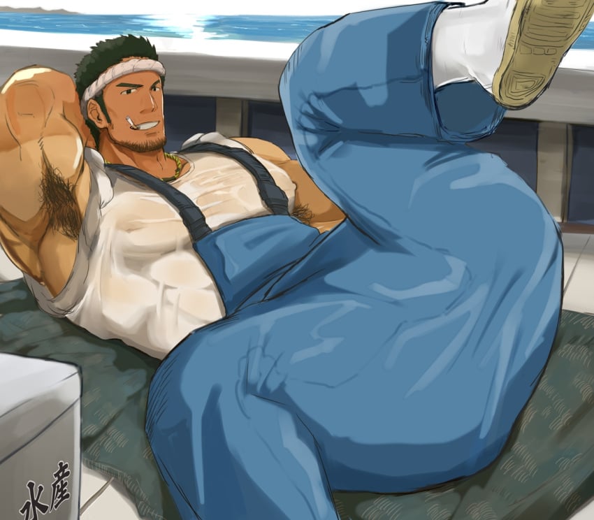 1boy armpit_hair bandana beard before_sex cheating cigarette clothing cuckold fisherman husband male male_only muscular muscular_male netorare ntr on_boat recording recording_video rolled_up_sleeves see_through_nipples smoking spread_legs tanlines tanned tight_clothing waribashi wet_shirt