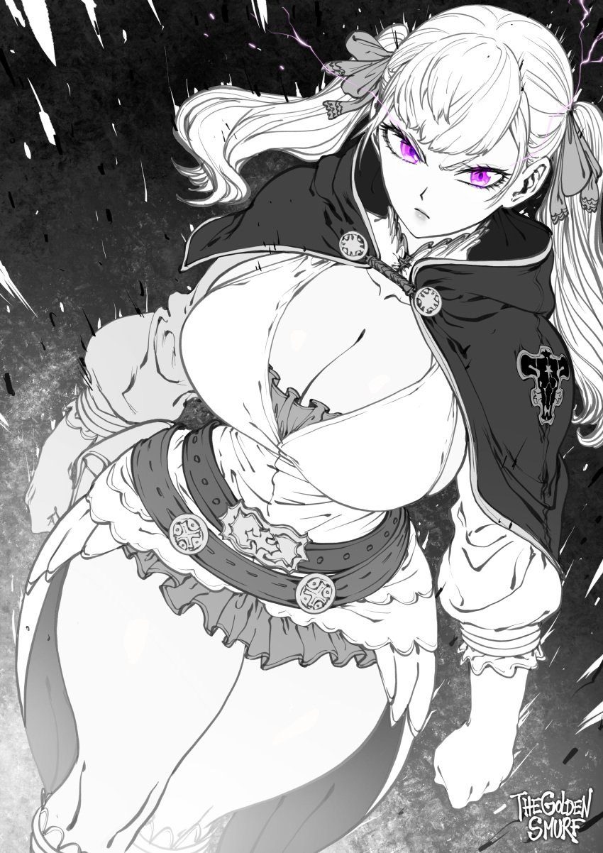 1girls absurd_res angry big_breasts black_and_white black_bulls_uniform black_clover breasts cleavage clothed clothed_female curvy dress female female_focus female_only frown frowning gigantic_breasts glaring glaring_at_viewer hi_res hourglass_figure huge_breasts large_breasts looking_at_viewer manga miniskirt no_bra noelle_silva purple_eyes royalty short_skirt shounen_jump solo solo_female solo_focus thegoldensmurf thick_thighs thighs tsundere twintails voluptuous white_hair wide_hips