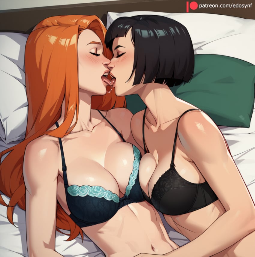 2girls ai_generated asymmetrical_docking atom_eve bangs bare_shoulders bed big_breasts black_bra black_hair black_lingerie blush bob_cut bra breast_press cleavage closed_eyes collarbone couple dupli-kate edosynf female_only french_kiss highres invincible kate_cha kissing large_breasts lesbian lesbian_kiss lingerie long_hair lying medium_breasts navel on_back on_bed on_side open_mouth orange_hair pillow saliva samantha_eve_wilkins self_upload shiny short_hair stomach symmetrical_docking tongue tongue_out underwear upper_body yuri