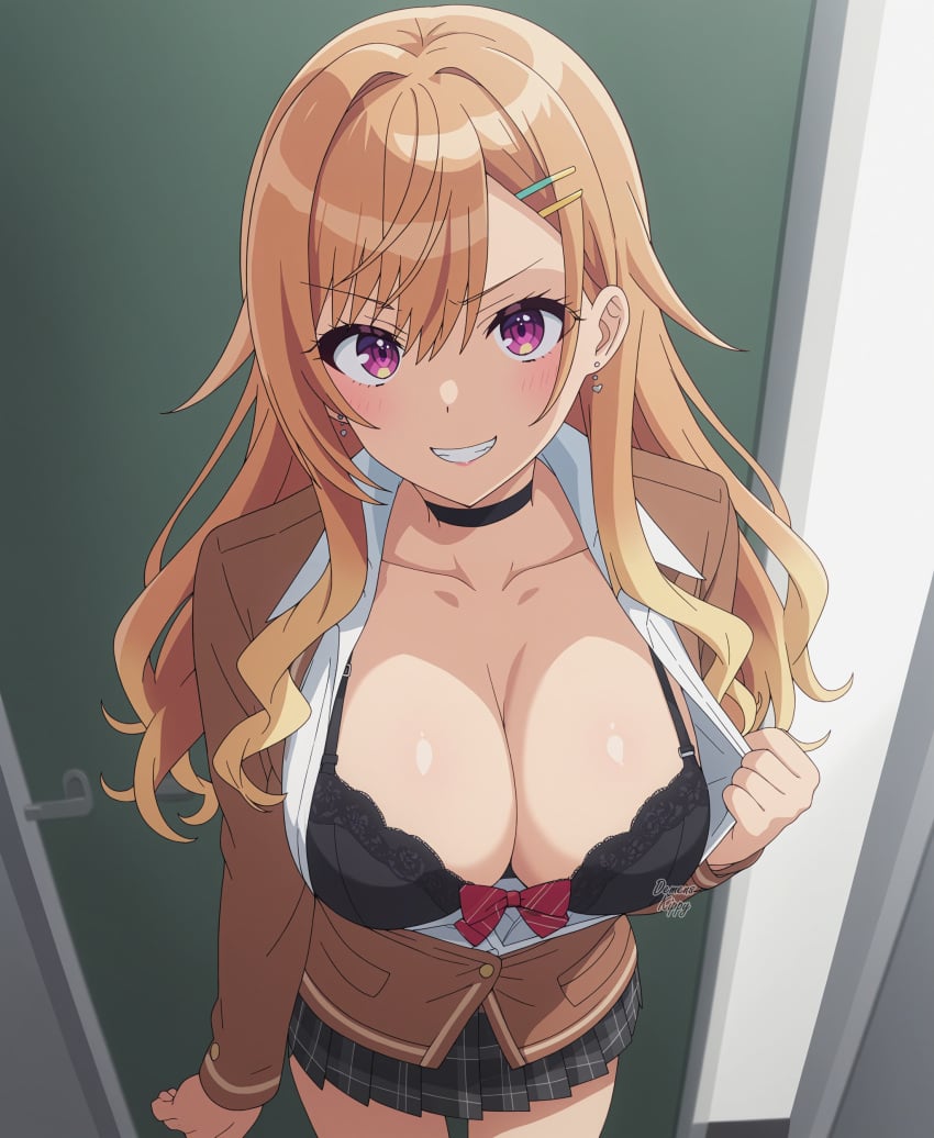 1female 1girls ai_generated big_breasts black_bra bra breasts commentary_request demens_kippy english_commentary female female_only gyaru hi_res highres light-skinned_female light_skin long_hair long_hair_female looking_at_viewer multicolored_eyes presenting presenting_breasts satou_yumiko school_uniform schoolgirl schoolgirl_uniform seiyuu_radio_no_uraomote skirt smile smiling smiling_at_viewer solo solo_female