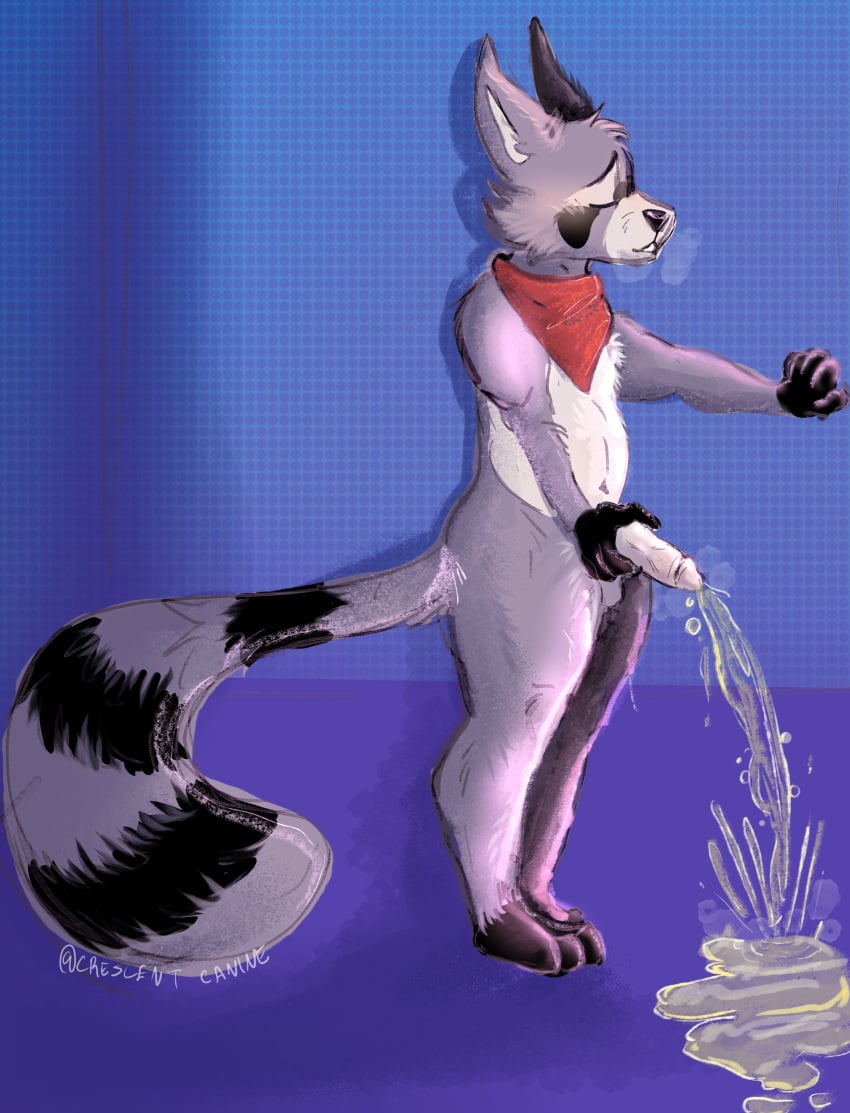 absurd_res anthro bodily_fluids closed_eyes crescentcanine digital_media_(artwork) genital_fluids genitals hi_res humanoid_genitalia humanoid_penis indigo_park male male_only mammal peeing penis procyonid purple_background purple_body raccoon rambley_(indigo_park) scarf sigh simple_background solo standing urine water