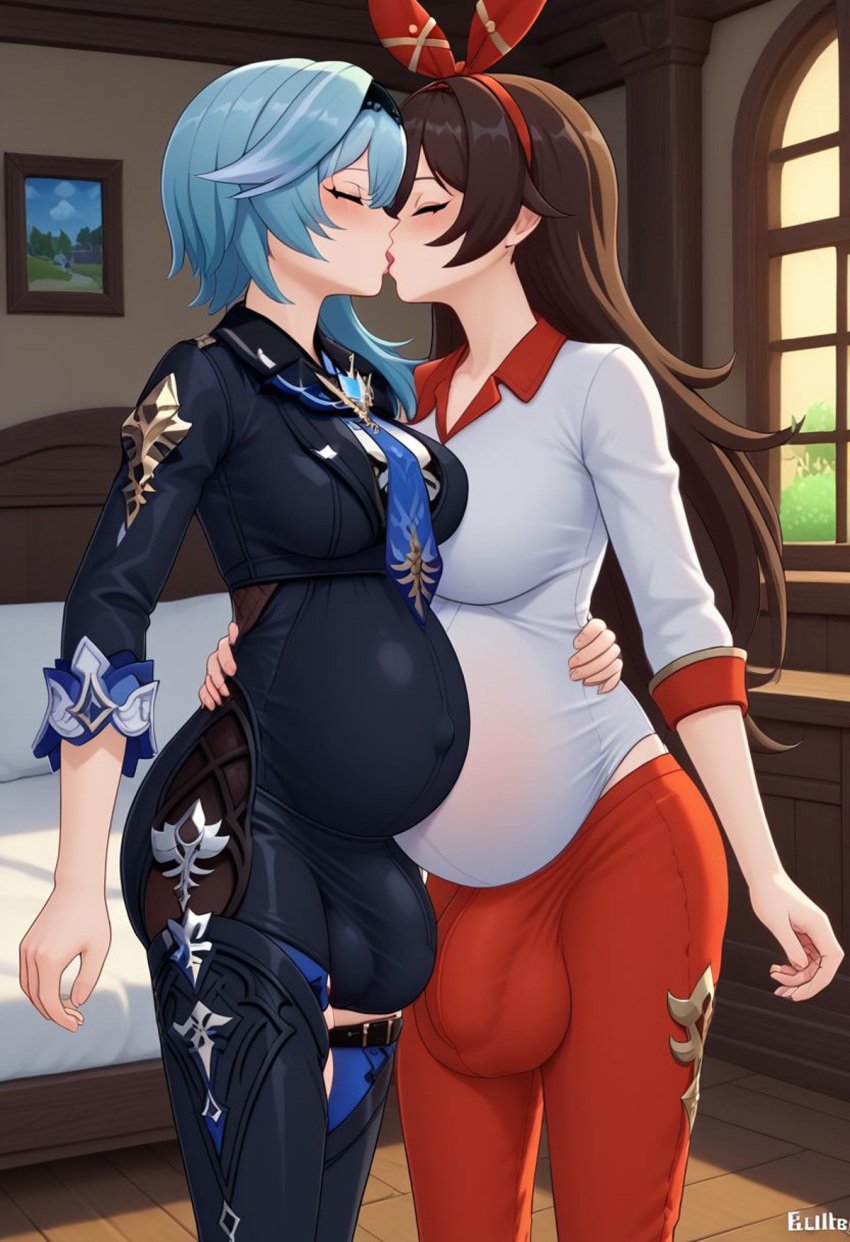 2futa 2futas ai_generated amber_(genshin_impact) balls_bigger_than_penis balls_under_clothes bed bedroom big_balls big_belly big_breasts big_penis big_testicles black_hairband blue_hair blush breast_press brown_hair bulge civitai closed_eyes clothed eula_(genshin_impact) flaccid flaccid_penis french_kiss french_kissing full-package_futanari fully_clothed futa_only futa_with_futa futanari genshin_impact hair_between_eyes hairband hand_on_waist huge_balls huge_breasts huge_bulge huge_testicles indoors kissing long_hair medium_hair mizuiro01 nipples penis_under_clothes penises_touching pregnant pregnant_futa red_ribbon ribbon testicles tongue_out uncensored wife_and_wife women