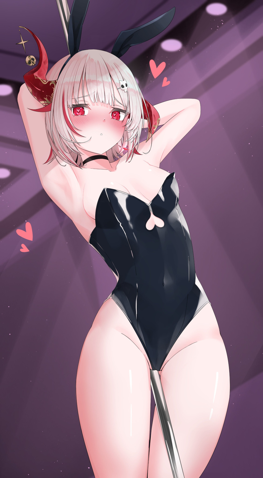 1girls asymmetrical_horns between_thighs black_choker blush breasts bunny_ears bunny_girl bunnysuit choker clothing_cutout dtto. earrings fake_animal_ears hair_ornament heart-shaped_pupils horn indoors lunariskat medium_breasts multicolored_hair nose_blush open_clothes pole red_hair reject_(esports) skull_hair_ornament thighs virtual_youtuber vtuber white_hair white_shirt