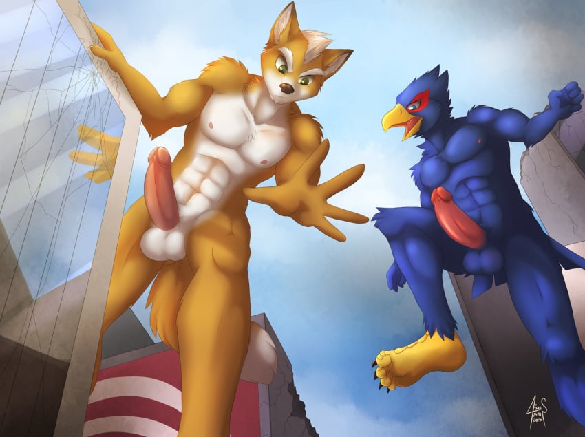 avian canine duo erection falco_lombardi feet foot_fetish foot_focus fox fox_mccloud gothwolf hi_res low-angle_view macro male male_only mammal nintendo rampage reaching star_fox video_games