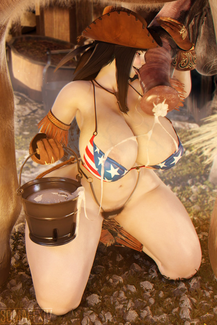 big_breasts big_penis bikini black_hair coel3d cowboy_gloves cowboy_hat cum cum_bucket female final_fantasy_xiv full_body hime_cut holding_bucket holding_penis horse horsecock licking_penis long_tongue looking_at_viewer miqo'te panting pubic_hair red_eyes smile solo square_enix stallion steam testicles thick_thighs tomiko_(coel3d) veiny_breasts zoophilia