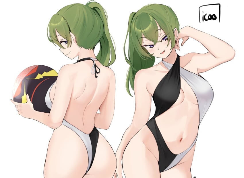 artist_name ass backless_swimsuit ball bare_arms bare_shoulders black_one-piece_swimsuit breasts center_opening closed_mouth commentary criss-cross_halter crossed_bangs english_commentary female green_hair grey_one-piece_swimsuit hair_between_eyes halterneck highleg highleg_swimsuit highres holding holding_ball icoo large_breasts long_hair looking_at_viewer looking_back multiple_views navel one-piece_swimsuit open_mouth purple_eyes side_ponytail simple_background smile sousou_no_frieren swimsuit two-tone_swimsuit ubel_(sousou_no_frieren) white_background