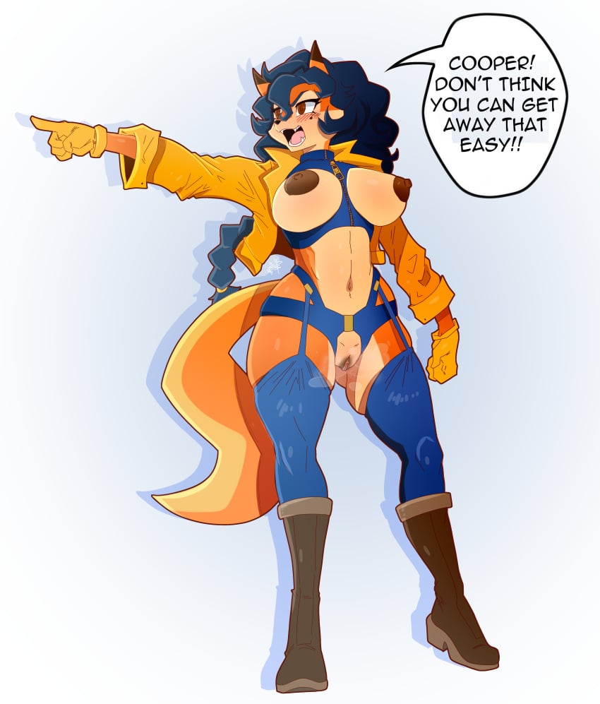 absurd_res anthro boots breasts canid canine carmelita_fox clothing female footwear fox genitals hi_res impractical_clothing jacket jaynatorburudragon mammal nipples pussy sly_cooper_(series) solo sony_corporation sony_interactive_entertainment sucker_punch_productions topwear