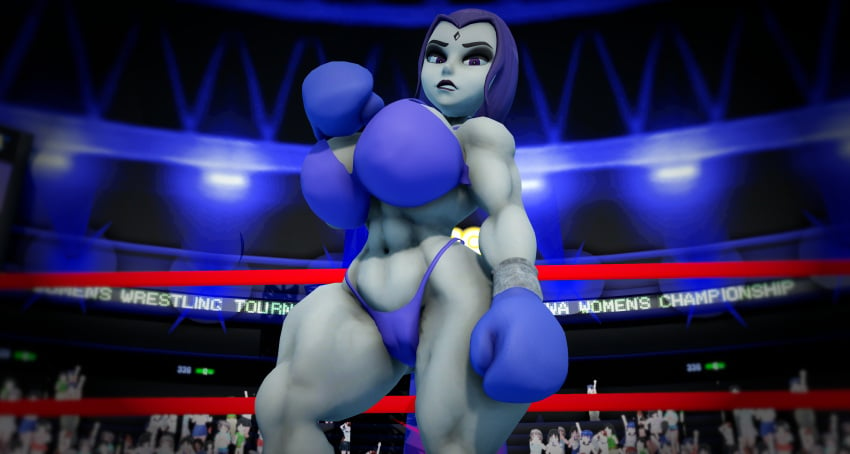 1girls 3d 3d_(artwork) abs arena biceps big_breasts big_thighs bikini boxing boxing_gloves boxing_ring breasts busty busty_female camper222 curvy defeated female female_only fighting_ring grey-skinned_female grey_skin kabalmystic lips lipstick looking_at_viewer mmd muscular_female pov purple_eyes raven_(dc) solo strong_woman swimsuit teen_titans thick thick_hips thick_thighs thighs violet_bikini violet_boxing_gloves violet_gloves violet_hair wide_hips