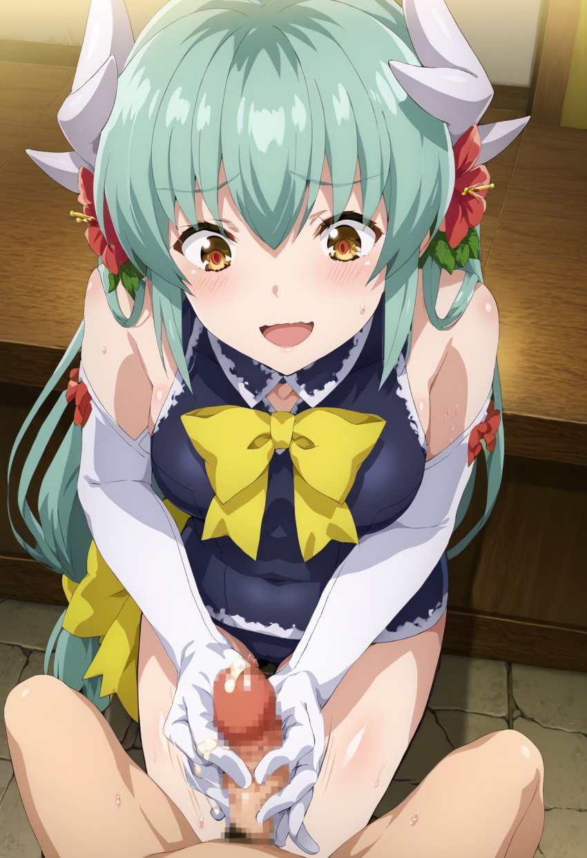 1boy 1girls ai_generated big_breasts blush breast censored clothed clothed_sex clothing cum cumshot dragon_girl ejaculation fate/grand_order fate_(series) female female_focus femdom flower flower_in_hair flowers green_hair handjob horns kiyohime_(fate) kiyohime_(fate/grand_order) kiyohime_(swimsuit_lancer)_(fate) long_globes long_gloves long_hair male mosaic_censoring open_mouth open_smile penis pov smiling smiling_at_viewer straight swimsuit white_gloves