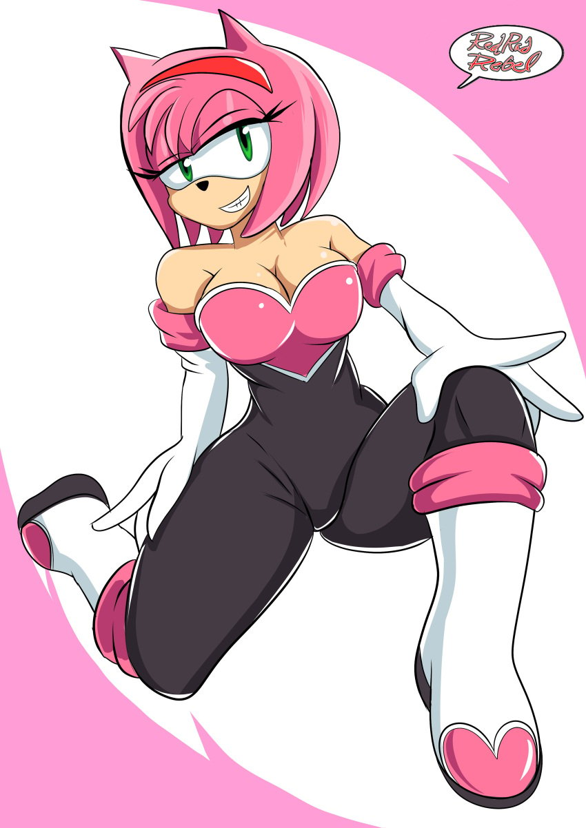 amy_rose amy_the_bat bodysuit breasts curvy high_heels long_gloves neckline redradrebel rouge_the_bat_(cosplay) sonic_(series) spandex_suit