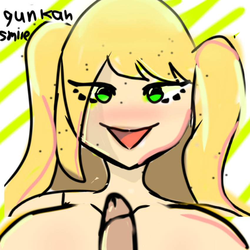 1girls big_breasts blonde_hair boobjob cute doofus_(dumb_ways_to_die) dumb_ways_to_die green_eyes happy happy_sex humanized long_hair open_mouth smile twintails