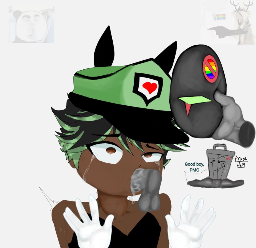 black-hair blowjob dark-skinned_male deepthroat femboy gacha gagged gay green_hair male_on_female mask pmcantigay tears