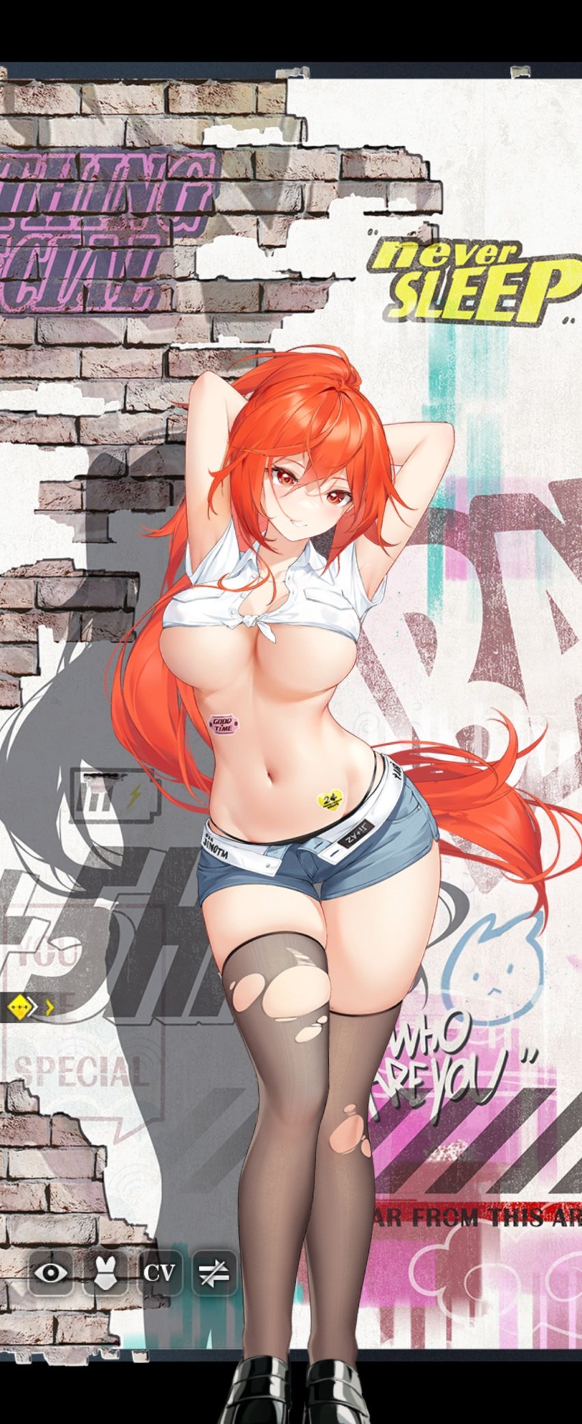 arms_behind_head black_stockings blush blush blushing_at_viewer booty_shorts brick_wall fit_female game_cg graffiti hi_res highres hourglass_figure how_to_raise_a_harem huge_breasts kaji_me_(how_to_raise_a_harem) large_breasts legs long_hair no_panties official_art ponytail posing posing_for_the_viewer red_eyes red_hair ripped_clothing ripped_stockings screenshot shirt shorts smile smiling smiling_at_viewer sticker stockings tank_top thick_thighs thighs underboob wall wide_hips