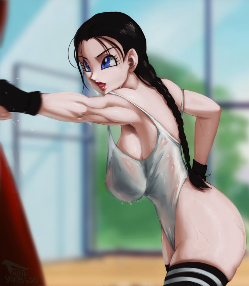 1girls 2d bare_arms bare_legs bare_shoulders bare_thighs big_breasts black_hair blue_eyes clothed clothing color dragon_ball dragon_ball_z exercise female female_focus female_only full_color gloves hi_res large_breasts light-skinned_female light_skin long_hair nipples_visible_through_clothing no_bra no_penetration no_sex novasayajingoku punching_bag solo solo_female sweat tagme thick_thighs videl videl_(gt_saga) workout