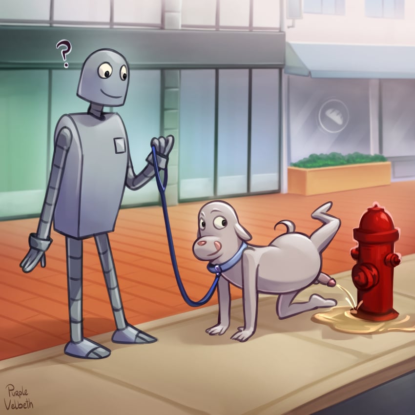 1:1 absurd_res anthro bodily_fluids bondage canid canine canis collar dog_(robot_dreams) domestic_dog duo fire_hydrant genital_fluids genitals hi_res humanoid_genitalia humanoid_penis leash machine male mammal outside peeing penis petplay public puppyplay purplevelbeth raised_leg robot robot_(robot_dreams) robot_dreams roleplay urine urine_on_ground urine_pool