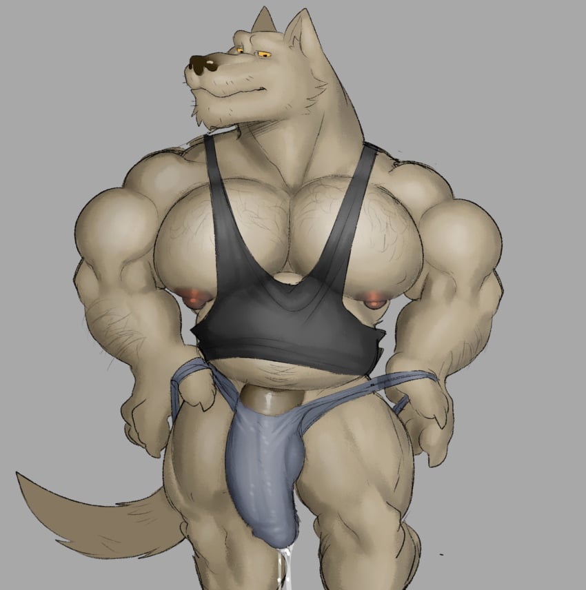 anthro balls bara barazoku big_balls big_penis boner bulge erection fleshformomo furry male male_only muscles muscular penis solo solo_male wolf