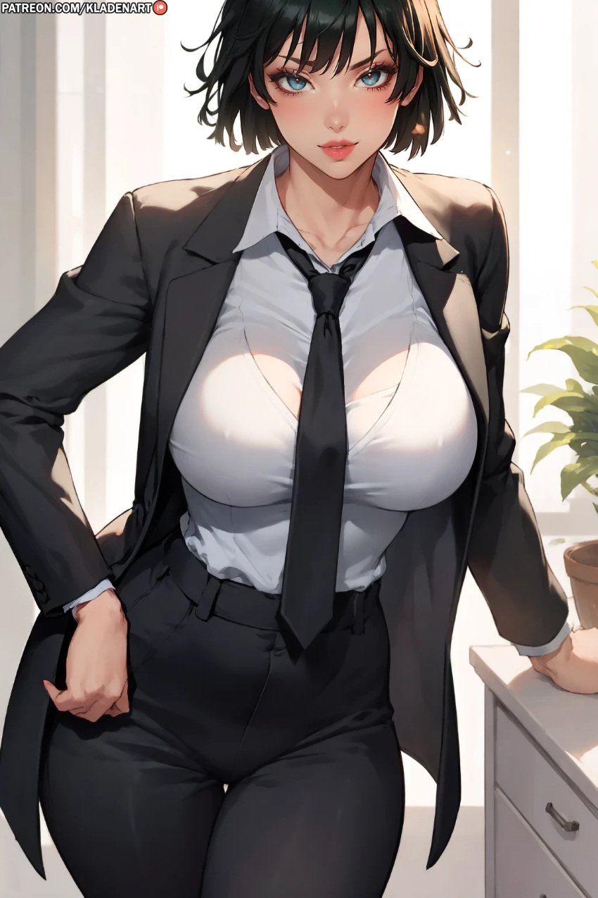 1girls ai_generated black_necktie black_suit blue_eyes business_suit clothed clothed_female clothing female female_only front_view fubuki_(one-punch_man) highleg human indoors kladen kladenart light-skinned_female light_skin medium_hair necktie one-punch_man open_collar pants patreon_logo patreon_url patreon_username sfw solo stable_diffusion thigh_gap white_shirt