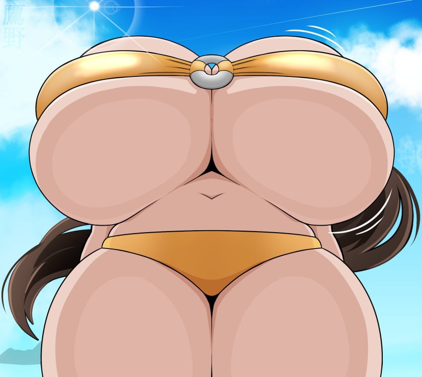 arms_at_sides beach bikini from_below gigantic_breasts hyper_breasts multiple_views original original_character skindentation sun sunlight takano_(artist) thick thick_thighs vannie_(takano) wide_hips yellow_bikini