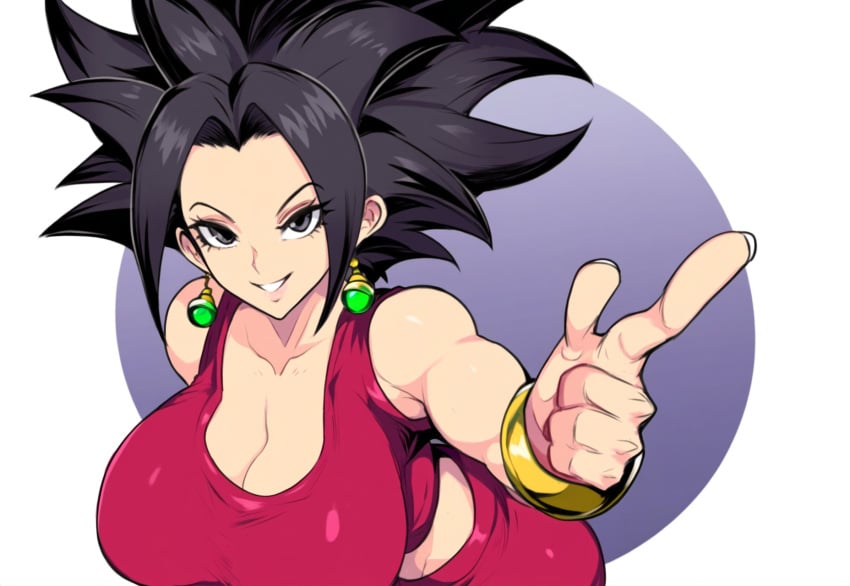 1girls 2d ai_generated black_hair caulifla crop_top dragon_ball dragon_ball_super female female_only fusion fusion_character huge_breasts kale kefla light-skinned_female light_skin looking_at_viewer mullon novelai pale-skinned_female pale_skin pointing saiyan simple_background smile solo universe_6/universe_7