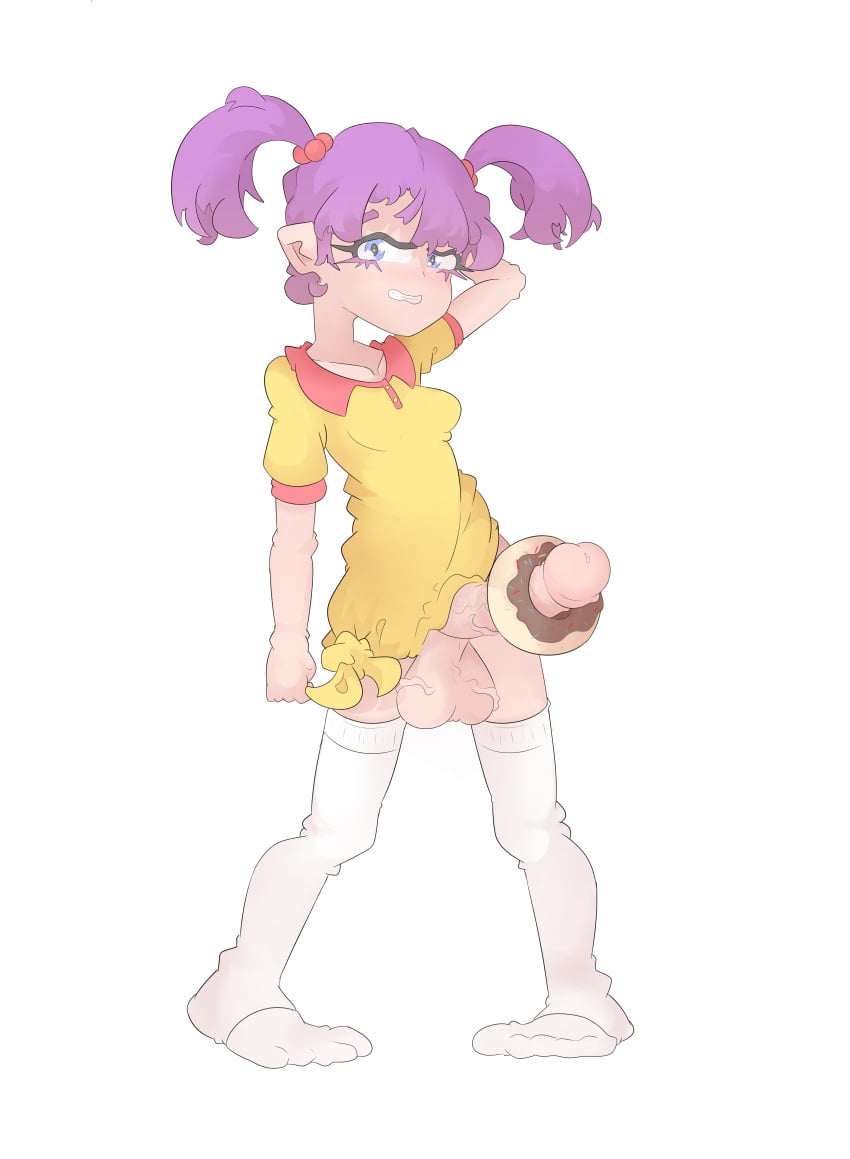 1futa arale arale_norimaki balls breasts clothed clothing ecchigrill erection food_fetish food_insertion food_play futa_only futanari huge_cock human light-skinned_futanari light_skin mostly_clothed penis self_upload solo standing stickerhentai young