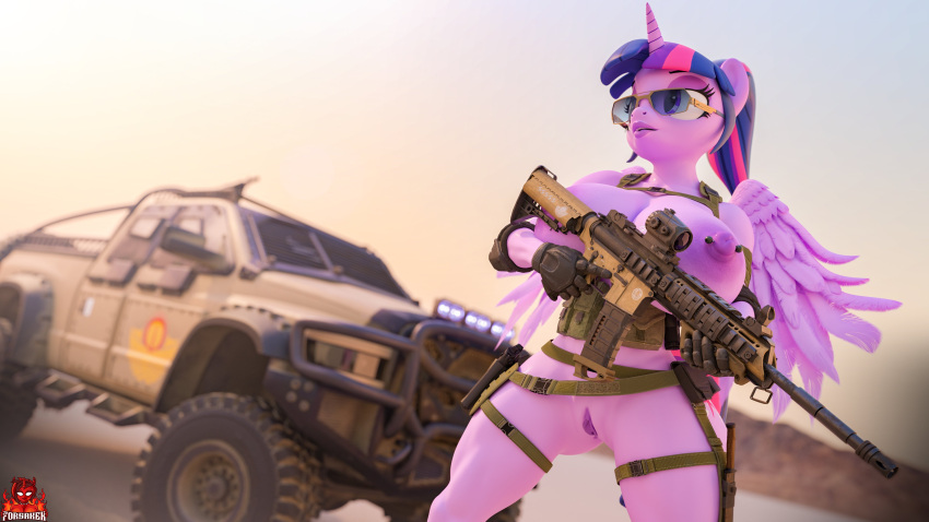 16:9 3d 3d_(artwork) 4k absurd_res alicorn anthro anthrofied areola artist_logo assault_rifle belt big_breasts biped breasts casual clothed clothing digital_media_(artwork) dutch_angle equid equine eyewear feathered_wings feathers female firearm forsaken_(artist) friendship_is_magic genitals gloves gun hair handwear harness hasbro hi_res holding_gun holding_object holding_ranged_weapon holding_rifle holding_weapon horn logo long_hair mammal mostly_nude my_little_pony mythological_creature mythological_equine mythology nipple_piercing nipples nudist outside piercing ponytail purple_body pussy ranged_weapon rifle solo standing sunglasses tactical_nudity trigger_discipline truck_(vehicle) twilight_sparkle_(mlp) vehicle weapon widescreen wings