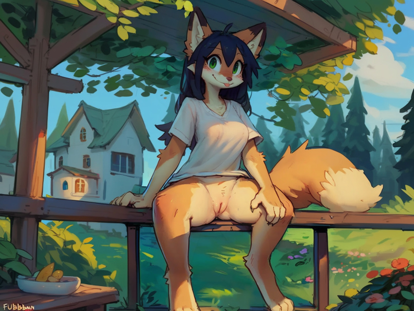 ai_generated anthro attempted_signature black_hair bottomless bottomless_female breasts canid canine closed_smile clothed clothing dipstick_ears dipstick_tail female fox fur genitals green_eyes hair looking_at_viewer low-angle_view mammal markings multicolored_ears orange_body orange_fur outside pussy shirt sitting_on_bench solo spread_legs spreading tail_markings theunamusedfox tongue tongue_out topwear