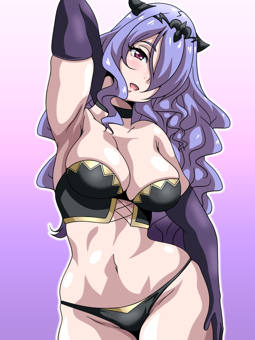 1girls arm_behind_head armpits bare_midriff bare_thighs black_panties breasts camilla_(fire_emblem) cleavage elbow_gloves female female_only fire_emblem fire_emblem_fates gloves hair_over_one_eye inabakun00 looking_at_viewer medium_breasts midriff nintendo open_mouth panties pink_eyes purple_background purple_hair smile solo thighs tiara underwear