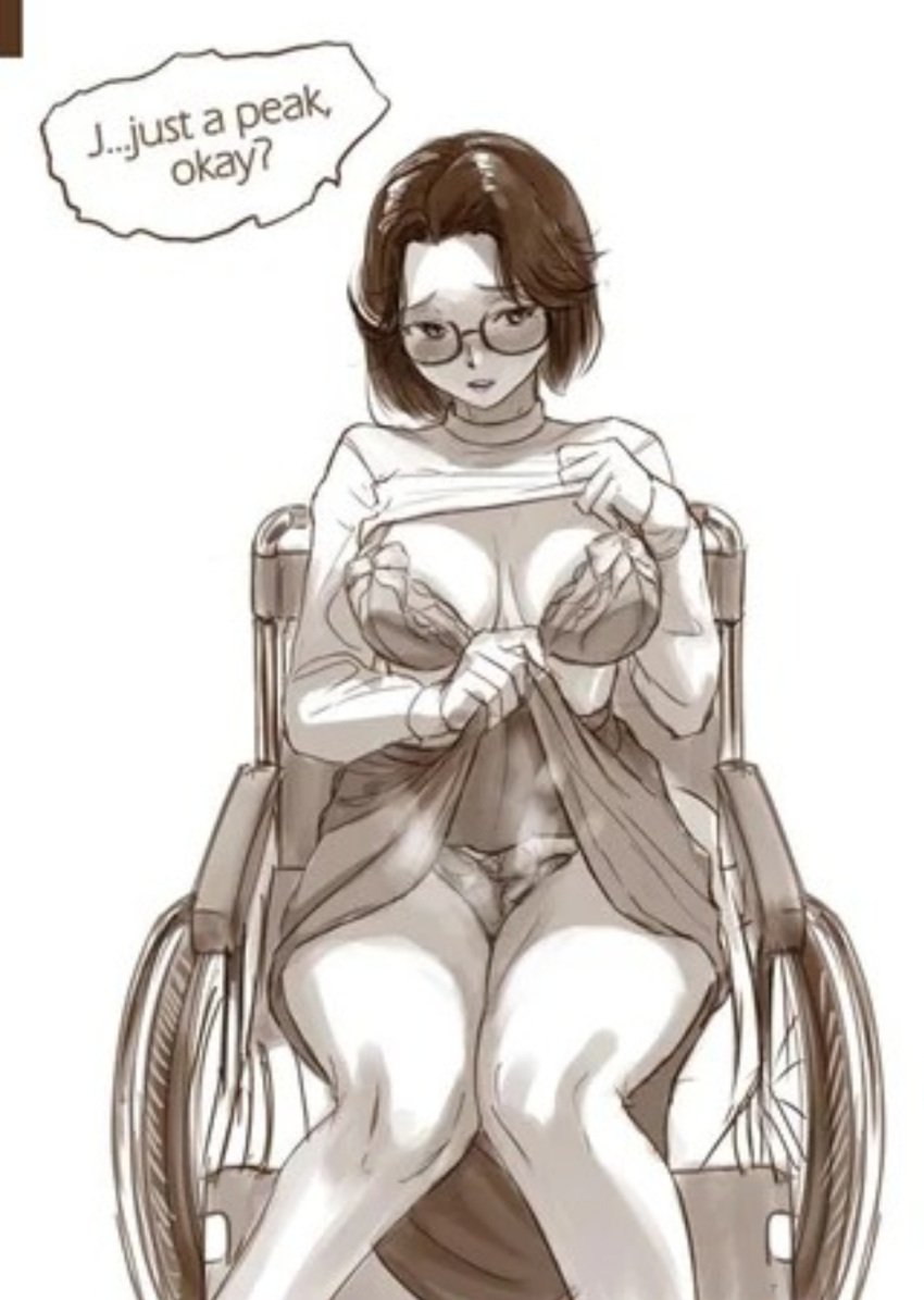 1girls blush elleciel.eud english_dialogue fear_and_hunger fear_and_hunger:_termina feet_out_of_frame female flashing glasses knees_together_feet_apart lifted_by_self lingerie olivia_(fear_and_hunger) paraplegic skirt_lift sweater tagme wheelchair