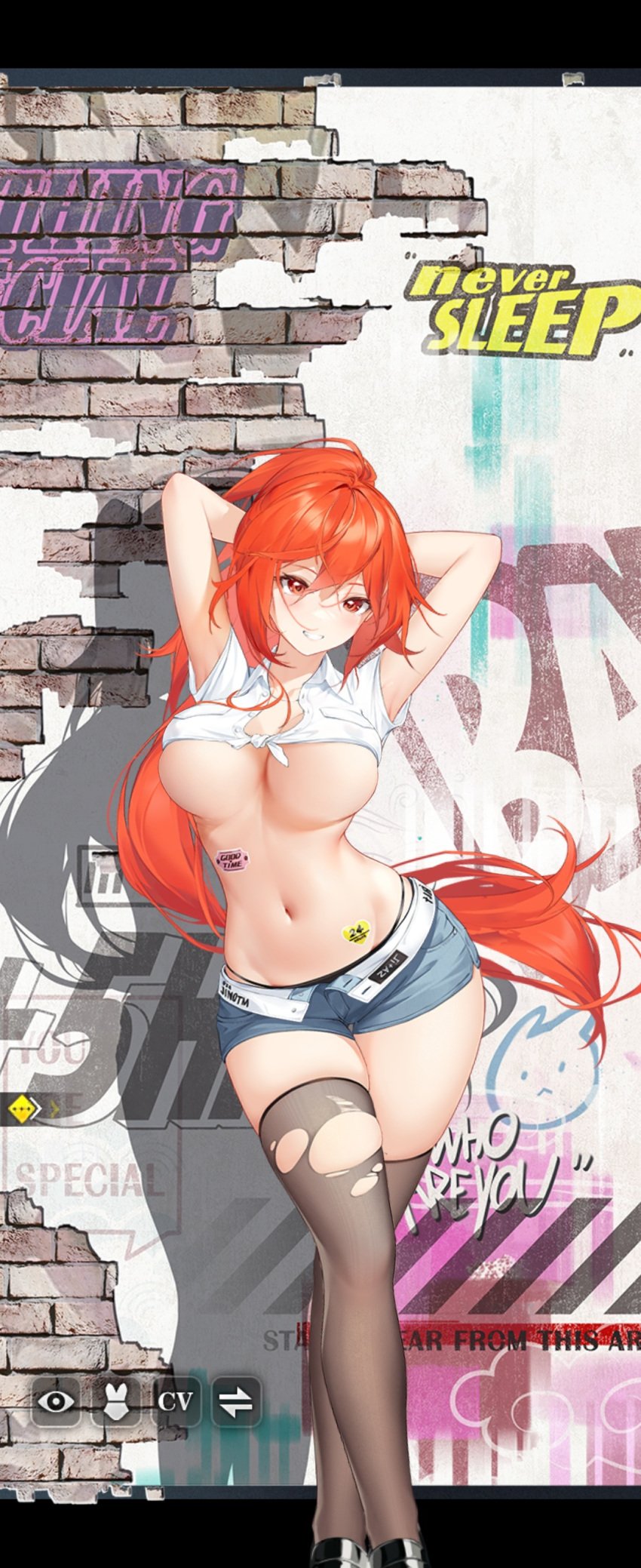 arms_behind_head black_stockings blush blush blushing_at_viewer booty_shorts brick_wall fit_female game_cg graffiti hi_res highres hourglass_figure how_to_raise_a_harem huge_breasts kaji_me_(how_to_raise_a_harem) large_breasts legs legs_crossed long_hair no_panties official_art ponytail posing posing_for_the_viewer red_eyes red_hair ripped_clothing ripped_stockings screenshot shirt shorts smile smiling smiling_at_viewer sticker stockings tank_top thick_thighs thighs underboob wall wide_hips