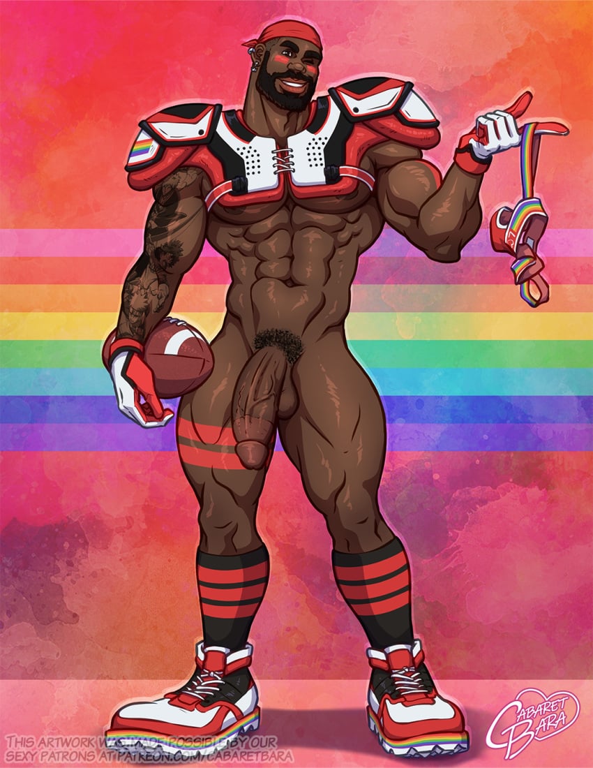 african african_male big_cock big_penis cabaret_bara cabaret_bara_series circumcised dark-skinned_male dark_skin darryl_(cabaret_bara) flaccid flaccid_penis football football_player football_uniform holding_jockstrap holding_object huge_cock lgbt_pride male male_only melanin muscles muscular muscular_male red tattoos thick_thighs twitter_user_oc veiny_penis winking_at_viewer