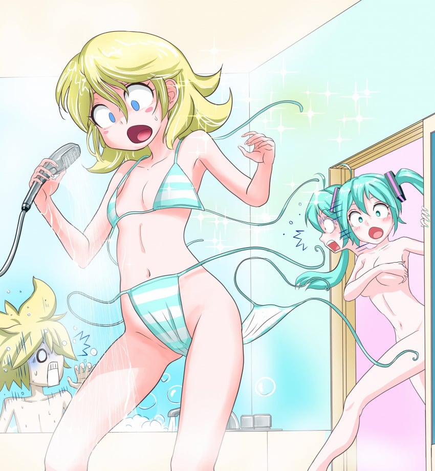 1boy 2girls bath bathing bathroom bikini bikini_only blonde blonde_female blonde_hair blonde_hair_female blonde_hair_male blue_bikini blue_eyes blue_hair breast_size_difference breasts breasts_size_difference female flat_chest hatsune_miku hatsune_miku_(collared_bikini) kagamine_len kagamine_rin long_hair long_hair_female lost_clothes male medium_breasts no_sex nude short_hair short_hair_female small_breasts surprised surprised_expression surprised_face surprised_look tagme twintails twintails_(hairstyle) vocaloid water white_bikini