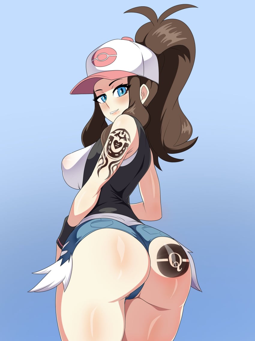 1girls ass ass_tattoo blue_eyes booty_shorts breasts brown_hair bubble_butt female hat hilda_(pokemon) horseshoe horseshoe_tattoo implied_pokephilia jean_shorts large_ass large_breasts light-skinned_female light_skin long_hair ludinsketches nintendo pokemon pokemon_bw pokephilia ponytail queen_of_horseshoes queen_of_pokemon short_shorts shorts