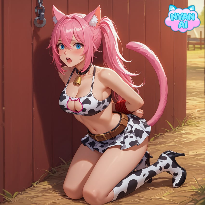 2d ai_generated armpit armpits arms_behind_back arms_tied athletic big_breasts blue_eyes bondage bra breasts camp captured captured_girl cat_ears cat_girl cat_tail catgirl cleavage cosplay cow_print cow_tail cowbell cowkini curvy_female female female_focus fit_female front_view girl huge_breasts humanoid kanako kanako_vt keyhole keyhole_bra keyhole_clothing keyhole_underwear kneeling kneeling_female lewdtuber long_socks masochism mature_female mature_woman midriff neko nsfw nyan_ai nyanai on_display open_mouth outfit pink_hair pose rope rope_bondage roped_up roped_wrists scared scared_expression scared_face shiny_skin shocked shocked_expression shocked_face thick_thighs thigh_highs uncensored virtual_youtuber vtuber vtuberfanart vtubers white wrists_tied