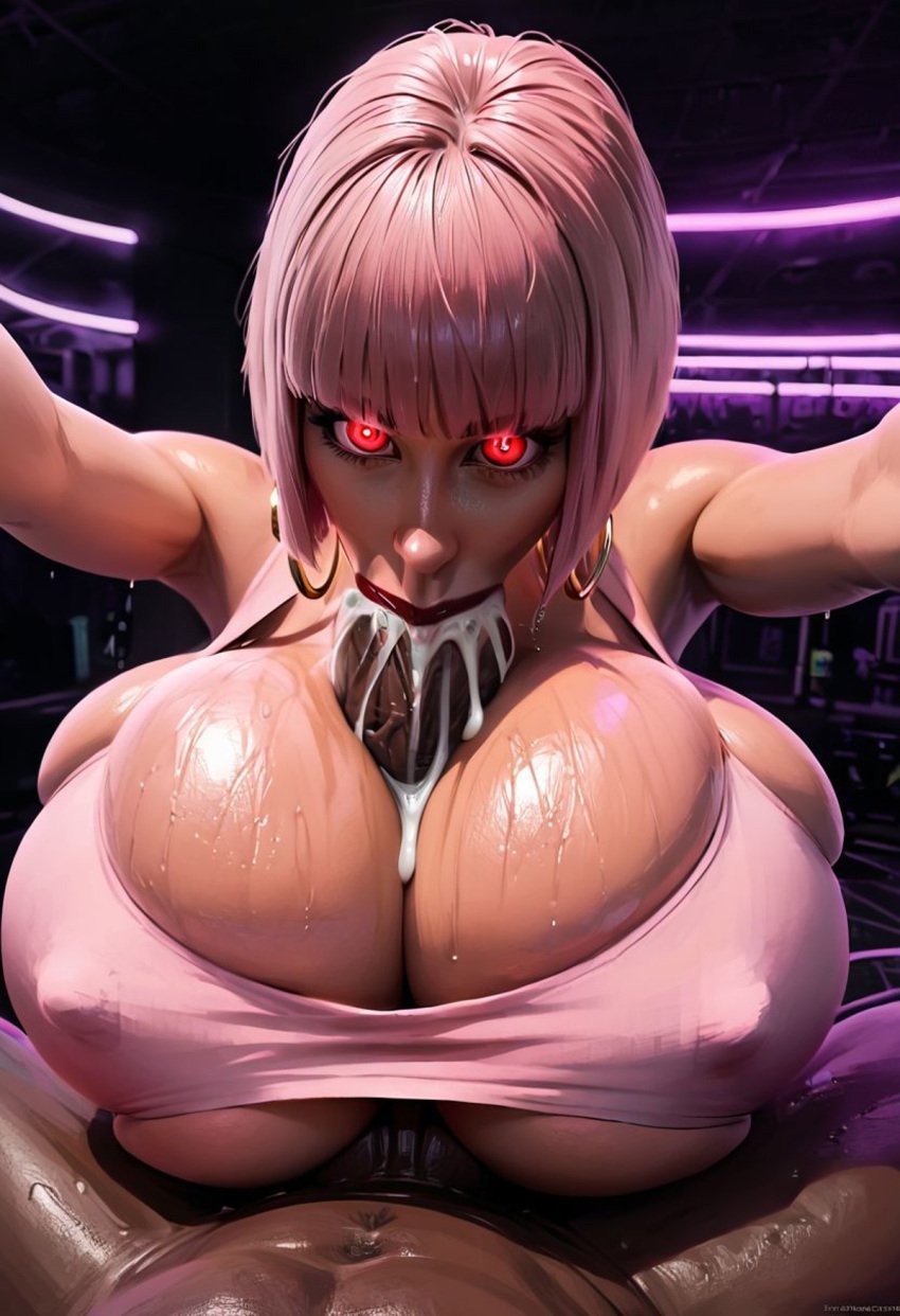 ai_generated bimbo bimbo_body blowjob bob_cut covered_nipples crop_top cum cum_on_penis cumming cumming_in_mouth dark-skinned_male demon earrings ejaculation erect_nipples female glowing_eyes grabbing_viewer hoop_earrings huge_breasts huge_cock inside interracial light-skinned_female logan_d male male_pov paizuri paizuri_under_clothes pink_hair pov red_eyes skindentation staring_at_viewer wet wet_body xylia