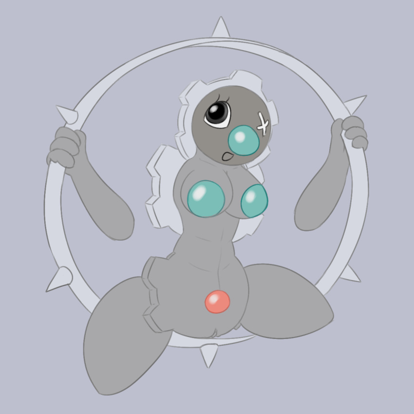 anthro anthrofied breasts eyelashes female gear gigigiaru grey_eyes grey_skin hi_res klinklang looking_at_viewer machine metal nintendo nude open_mouth pokemon posexe pussy simple_background solo spread_legs spreading video_games