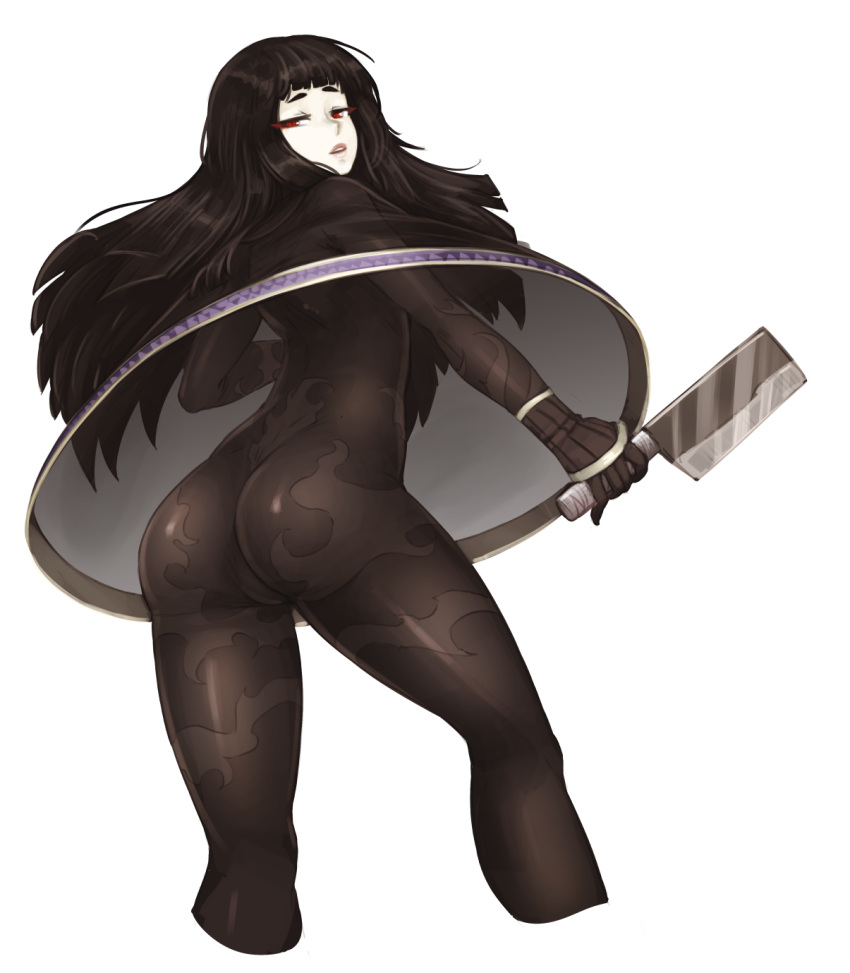 1girls artist_request ass ass_cleavage atlus black_body black_bodysuit black_hair blunt_bangs bodystocking bodysuit bubble_butt butt cleaver dimples_of_venus female female_only hime_cut knife long_hair megami_tensei parted_lips poncho red_eyes shin_megami_tensei shin_megami_tensei_iv shin_megami_tensei_iv_final simple_background solo solo_female tight_bodysuit tight_clothing toki_(shin_megami_tensei_iv_final) translucent translucent_clothing transparent_background white_background