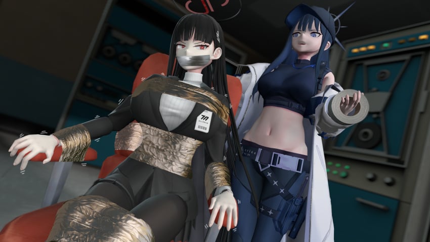 2girls 3d blue_archive bondage bound chairtied female gag glaring kidnapped rio_(blue_archive) sahalizard saori_(blue_archive) skirt tape_bondage tape_gag team_fortress_2 tied_to_chair