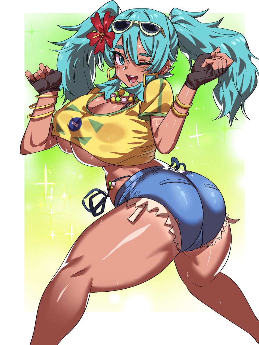 1girls ass ass_focus back back_view bare_arms bare_legs bare_shoulders bare_thighs big_ass big_breasts big_butt blue_eyes blue_hair brazil brazilian brazilian_female brazilian_miku clothed clothing color dark-skinned_female dark_skin female female_focus female_only gamjasssak hatsune_miku hi_res jean_shorts large_breasts long_hair looking_at_viewer solo solo_female tagme thick_thighs vocaloid